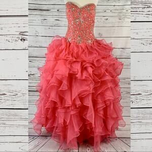 Hot pink formal dress gown beaded ruffles